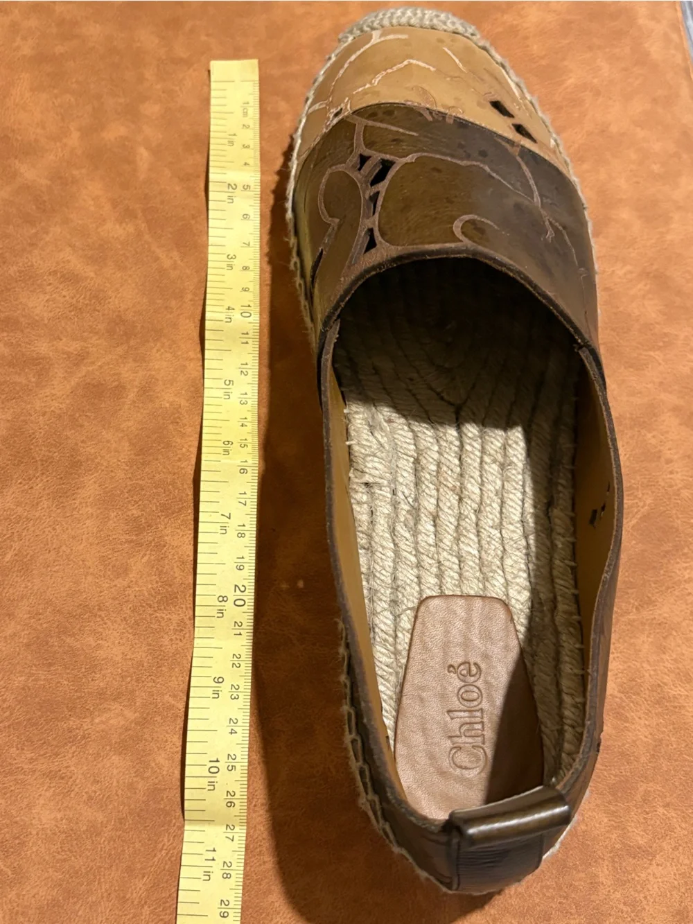 Chloé Brown Leather Floral Cutout Espadrille Flats Slip-On Shoes